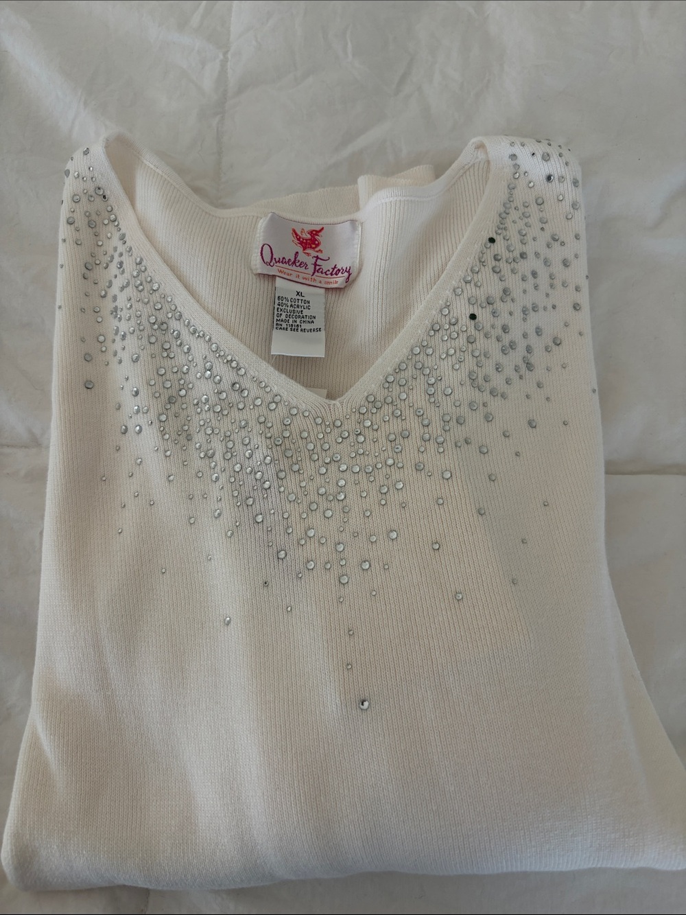 NWT Quacker Factory Embellished 3/4 Sleeve Top in Cream XL NWT